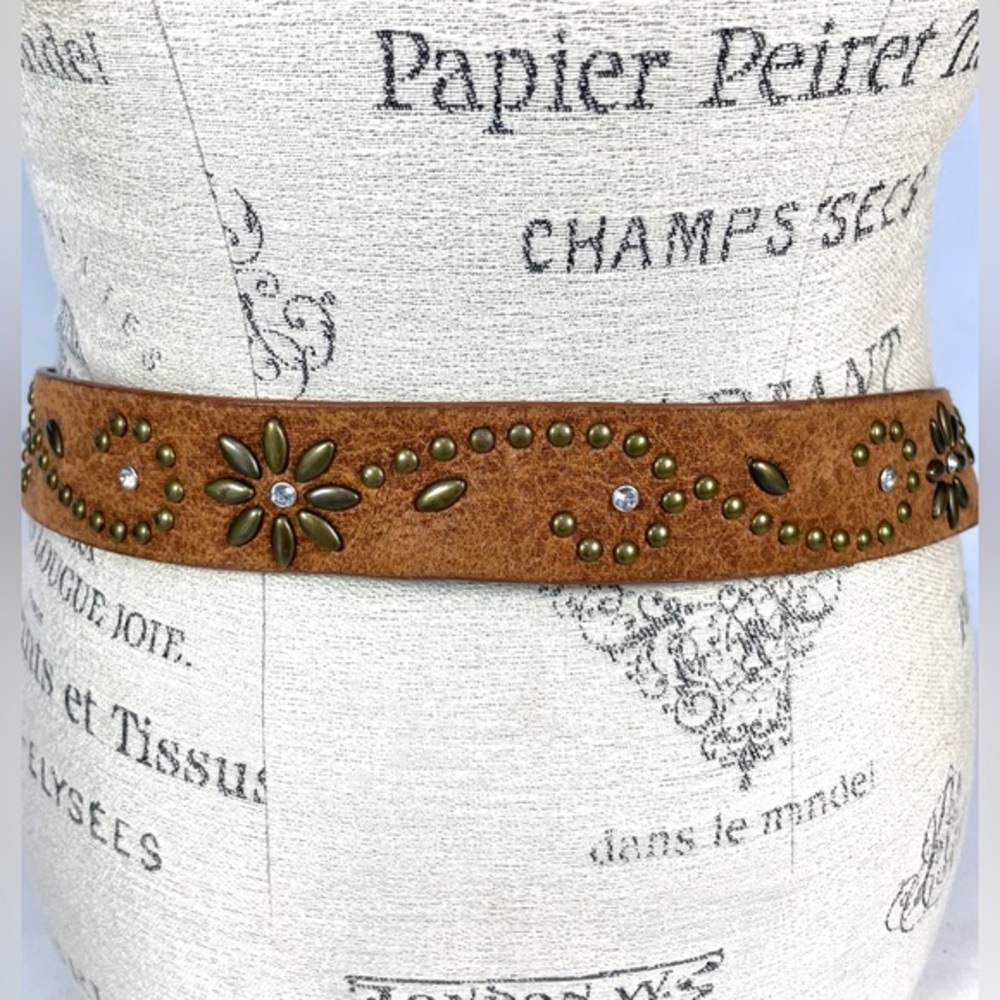 Western‎ Studded Rhinestone Belt Brown Faux Leather Womens S/M 42" - Picture 3 of 5